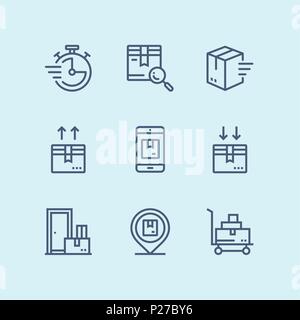 Delineare la consegna, spedizione, icone cargo per il web e i dispositivi mobili pack 3 Illustrazione Vettoriale