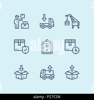 Delineare la consegna, spedizione, icone cargo per il web e i dispositivi mobili pack 5 Illustrazione Vettoriale