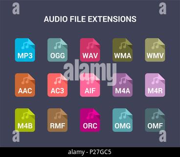 Estensioni di file audio. Appartamento colorate icone vettoriali Illustrazione Vettoriale