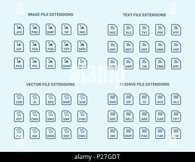 File di profilo estensione piana icone vettoriali. Immagine, testo, archivio, vettore di tipi di file di formato Illustrazione Vettoriale