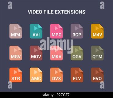 Estensioni di file video. Appartamento colorate icone vettoriali Illustrazione Vettoriale