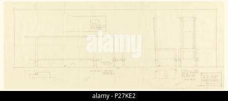 . Inglese: Disegno, Wrap tavolo e sedia, primo piano Hall, Henry J. Allen Residence, Wichita, Kansas, 1917 . Inglese: rettangolo al centro della pagina. A sinistra: design per avvolgere lungo la tabella con la parte anteriore e la vista e la vista anteriore di cui sopra. A destra: vista anteriore e laterale della sedia. Al di sotto di un rettangolo, sinistra: particolare del bordo del piano portapaziente con iscrizione a destra; destra: dettaglio della struttura di base della sedia. . 1917 112 Disegno, Wrap tavolo e sedia, primo piano Hall, Henry J. Allen Residence, Wichita, Kansas, 1917 (CH) 18800289 Foto Stock