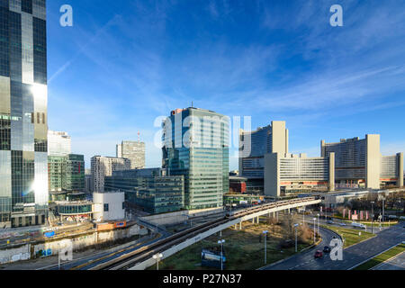 Vienna, Donaucity, DC Tower 1, VIC Centro internazionale di Vienna (ONU, ONU), metropolitana linea 1, 22. Donaustadt, Wien, Austria Foto Stock