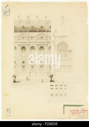. Inglese: Disegno, Design per diverse baie di un edificio pubblico, 1907 . Inglese: vista in elevazione frontale, in elevazione laterale ed in pianta della Baie più di un edificio pubblico. Quattro storie di alta su un podio o base; grandi aperture alternate a quelle di piccole dimensioni; tetto a capanna. . 1907 103 il disegno per diverse baie di un edificio pubblico, 1907 (CH) 18392699 Foto Stock