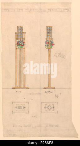 . Inglese: disegno, la sala da pranzo la luce Standard, Henry J. Allen Residence, Wichita, Kansas, 1917 . Inglese: frontale e laterale vista colorate della lampada con cornice rettangolare e l'ombra e la piantatrice in tra il telaio e l'ombra. Al di sotto di disegno colorato ci sono due elevazioni disegnò in grafite. . 1917 104 disegno, la sala da pranzo la luce Standard, Henry J. Allen Residence, Wichita, Kansas, 1917 (CH) 18800259-2 Foto Stock