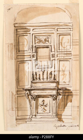 . Inglese: disegno, l'elevazione di un altare in una cappella privata, n.d. . Inglese: un rettangolo verticale. Sopra l'altare ledge stand quattro candelabri, un crocifisso, Maria e San Giovanni. Al di sopra è la cornice per un'immagine. Un trofeo di bracci di teh passione è il pannello al di sopra di esso. La parete è divisa in un papà e pannelli. Scritto sotto, a destra: 'Capellata privata,' nell'angolo superiore sinistro: "98." Retromarcia: schizzi per la decorazione di un dado. . Prima del 1901 (acquisita data) 104 disegno, l'elevazione di un altare in una cappella privata, n.d. (CH) 18117663 Foto Stock