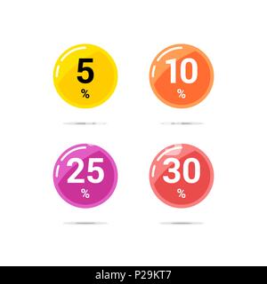 Sconto vendita icone cerchio. Prezzo offerta speciale segni. 5, 10, 25 e 30 percento di sconto riduzione dei simboli. Vettore colorati elementi piatti distintivi Illustrazione Vettoriale