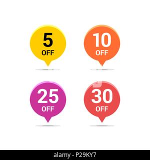 Vendita convenienti icone. Prezzo offerta speciale segni. 5, 10, 25 e 30 percento di sconto riduzione dei simboli. Vettore colorati elementi piatti distintivi Illustrazione Vettoriale