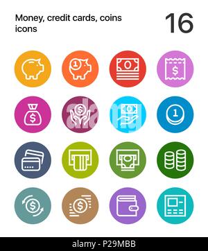 Colorato denaro, carte di credito, monete icone per il web e i dispositivi mobili pack 1 Illustrazione Vettoriale