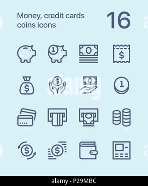 Delineare il denaro, carte di credito, monete icone per il web e i dispositivi mobili pack 1 Illustrazione Vettoriale