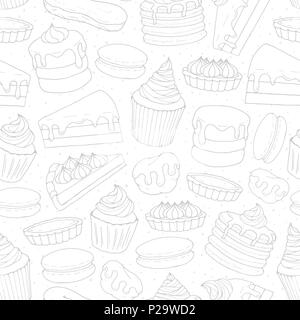 Pasticceria vettore schema di ripetizione con torte, torte, muffin, frittelle, macarons e contorno eclairs sullo sfondo tratteggiato. Disegnata da forno dolce in sk Illustrazione Vettoriale