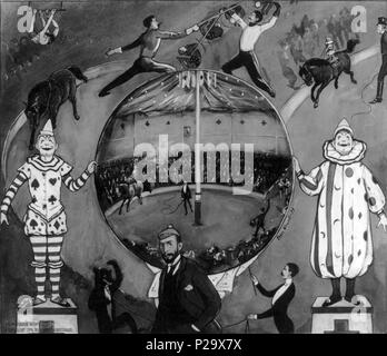 . Inglese: "Il Circus amatoriale a Nutley' da American Illustrator Peter Newell (1862-1924). 1 disegno: inchiostro nero, grigio, lavaggio e gouache su illustrazione scheda, 35,5 x 40,5 cm. (Foglio). LOC descrizione: "un gentleman che indossa un cappello e occhiali sta davanti a un cerchio tenuto da due clown. La scena raffigurata al centro del cerchio è di Annie Oakley, in piedi sul cavallo, a dare una dimostrazione della sua capacità di ripresa. Al di fuori del cerchio sono altre scene di circo agisce come acrobati, scherma, un animale a cavallo e un orso di ballo. Newell's disegno illustra un articolo di denuncia su un ama Foto Stock