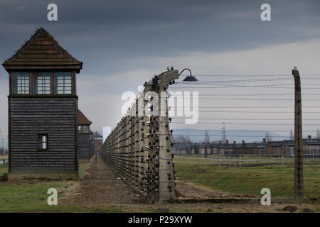 Una fila di torri di guardia si siedono lungo una linea di recinzione elettrificata nelle rovine di Auschwitz-Birkenau con ciminieri sullo sfondo. Foto Stock