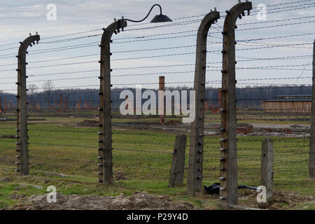 Recinzione elettrificata la linea nelle rovine di Auschwitz-Birkenau con ciminiere in background. Foto Stock