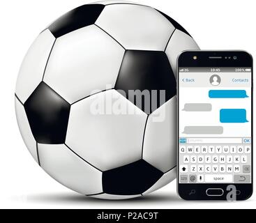 Pallone da calcio e il telefono cellulare con SMS nella schermata chat. Illustrazione Vettoriale. Illustrazione Vettoriale