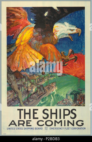 . Inglese: poster, le navi sono venuta, 1917 . Inglese: Un aquila occupa una grande porzione della metà superiore del poster. L'Aquila è metà del volo ma sembra reagire a qualcosa perché i suoi artigli sono in una posizione difensiva. L'Aquila è volare su un cantiere di spedizione, con una città in background. Un sole rosso appare all'orizzonte. Il testo in basso: le navi sono in arrivo / Stati Uniti spedizioni scheda flotta di emergenza Corporation . . 1917 232 Poster, le navi sono venuta, 1917 (CH) 18612743-2 Foto Stock