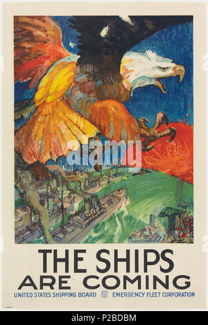 . Inglese: poster, le navi sono venuta, 1917 . Inglese: Un aquila occupa una grande porzione della metà superiore del poster. L'Aquila è metà del volo ma sembra reagire a qualcosa perché i suoi artigli sono in una posizione difensiva. L'Aquila è volare su un cantiere di spedizione, con una città in background. Un sole rosso appare all'orizzonte. Il testo in basso: le navi sono in arrivo / Stati Uniti spedizioni scheda flotta di emergenza Corporation . . 1917 232 Poster, le navi sono venuta, 1917 (CH) 18612743 Foto Stock