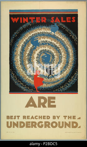 . Inglese: poster, Winter Sales, per la metropolitana di Londra, 1922 . Inglese: su un fondo nero, l'occhio di un tornado o spirale nel blu, beige e grigio; sagome in blu, nero e arancione della donna in abiti che sono essere soffiata dal vento. In precedenza, in arancione: WINTER SALES; di seguito, in tan: Sono / BEST RAGGIUNTA DAL / metropolitana. . 1922 232 Poster, Winter Sales, per la metropolitana di Londra, 1922 (CH) 18447481-2 Foto Stock