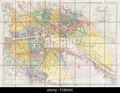 . Grundriss von Berlin Aufgenommen und gezeichnet mit der Genehmigung Königl. Academie der Wissenschaften von J.C.Selter. Im Verlage bei Simon Schropp et Comp 1846.. Deutsch: Der Titel steht rechts oben in einer ovalen Umrandung. Der Rahmen enthält Längen- und Breitengrade (nach Ferro) - die posizione des alten Observatoriums auf dem Marstall ist besonders hervorgehoben. In der inneren Rahmenleiste ist ein fortlaufender Maßstab eingebettet. Links unten ist ein Rechteck eingezogen mit einer Maßstabsleiste über 150 Ruthen. Die Teilstädte sind durch unterschiedliche Farben grafisch unterschieden. Foto Stock