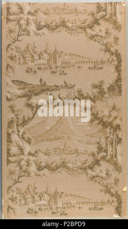 . Inglese: fianco (USA), ca. 1900 . Inglese: un rettangolo verticale, una larghezza piena, dando quasi due ripetizioni. Quadro delle rocce, arbusti e alberi che racchiude scenic vignette; una campagna con il villaggio, due rovina-incoronato colline in background; l'altra, un fiume con barche, case e campanili sulla banca. Stampate nel margine destro: 'Allen-Higgins W.P. Co., 2752 "Vogue papers". . Circa 1900 291 fianco (USA), ca. 1900 (CH) 18353727 Foto Stock
