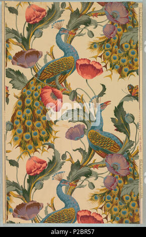 . Inglese: il fianco, il pavone, ca. 1890 . Inglese: un rettangolo verticale, una larghezza piena, ripetendo in senso verticale, che mostra due ripetizioni. Ascendente vitigno a serpentina con rosa e viola papaveri e due pavoni si appollaia con flusso di code. Stampato in verde, blues, rossi e violette on off-massa bianca. . Nel 1890 circa 292 il fianco, il pavone, ca. 1890 (CH) 18353707-2 Foto Stock