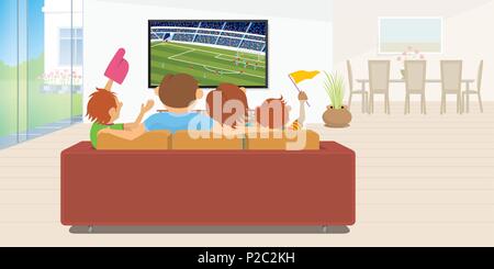 Famiglia di 4 membri seduto su un divano rosso nel loro salotto dentro la loro casa a guardare una partita di calcio su un grande televisore a schermo piatto durante il giorno Illustrazione Vettoriale