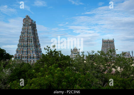 Molti dei quattordici 'gopura' (gateway torri) di Meenakshi Amman Tempio, Madurai, Tamil Nadu, India. Foto Stock