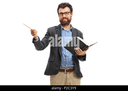 Il Professor in possesso di un libro e dispositivo di puntamento con un bastone di legno isolato su sfondo bianco Foto Stock