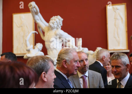 Il Principe di Galles (centro) colloqui con gli ospiti come frequenta una cena a Crawford Art Gallery come parte del suo tour della Repubblica di Irlanda con la Duchessa di Cornovaglia. Stampa foto di associazione. Stampa foto di associazione. Picture Data: giovedì 14 giugno, 2018. Vedere PA storia ROYAL Charles. Foto di credito dovrebbe leggere: Brian Lawless/PA FILO Foto Stock