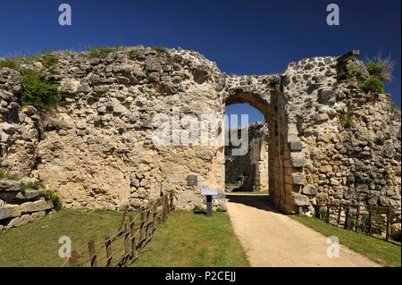 Francia, Aisne, Castello di Coucy Auffrique, Castello, rimane e le rovine del castello distrutto dai tedeschi nel 1917, cancello di ingresso Foto Stock