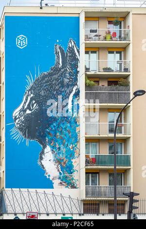 Francia, Parigi, Arte di strada del XIII distretto, il gatto dall'artista C215, Vincent Auriol boulevard Foto Stock