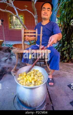 Thailandia, Bangkok, Pathum distretto Wan, Jim Thompson casa costruita negli anni Cinquanta da parte dell'imprenditore e avventuriero americano Jim Thompson, che aveva l'ambizione di ravvivare la seta Thailandese industria, è ora un museo, filatura della seta di dimostrazione Foto Stock