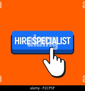 Mano cursore del mouse scatta il noleggio pulsante Specialista. Spingere puntatore premere il pulsante concetto. Illustrazione Vettoriale