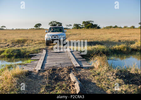 Argento 4x4 off road con gioco elevato veicolo sul self drive safari nel Parco Nazionale di Kafue nello Zambia. Foto Stock