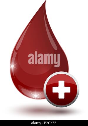 Grande rosso lucido goccia di sangue con segno medico su sfondo bianco Illustrazione Vettoriale