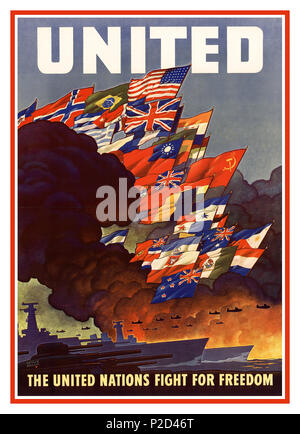 Vintage 'UNITED' 'UNITED NATIONS FIGHT FOR FREEDOM' Propaganda Poster WW2 creato durante la seconda guerra mondiale (1943), secondo la Dichiarazione delle Nazioni Unite del 1942. Il Poster, creato dall'Ufficio delle informazioni di guerra degli Stati Uniti e realizzato dall'Ufficio Stampa del Governo degli Stati Uniti. Il poster presenta le bandiere di quei paesi o governi in esilio che si sono impegnati a sostenere lo sforzo alleato.questo poster è importante perché rappresenta le origini stesse delle Nazioni Unite come un'alleanza in tempo di guerra, prima che diventasse un'entità ufficiale del dopoguerra Foto Stock