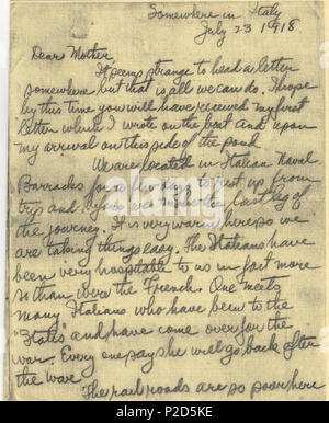 . Inglese: la prima pagina di una lettera da Arthur Rose Eldred a sua madre. Lettera scritta mentre in Italia durante la guerra mondiale I. Eldred fu il primo Eagle Scout nelle Boy Scouts of America. Trascritto su :Eldred Lettera - 1918 B, vedere anche : Autore:Arthur Rose Eldred . Il 23 luglio 1918. Arthur Rose Eldred 17 Eldred lettera1918Bpage1 Foto Stock