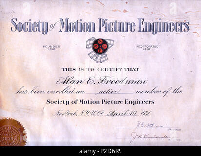 . Inglese: Freedman, Alan E., certificato di appartenenza SMPE 1931 . Aprile 1931. Società di Motion Picture ingegneri 1 1931 AEF Cert. SMPE Foto Stock