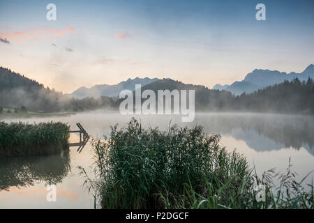 Alba sul lago Geroldsee, Wagenbruechsee, Kruen, vicino a Garmisch-Partenkirchen, Alta Baviera, Baviera, Germania Foto Stock