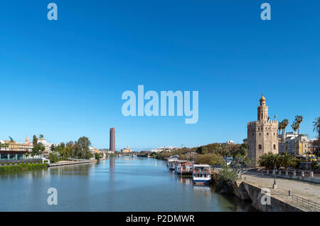 Il fiume Guadalquivir e Torre del Oro dal Puente San Telmo, Siviglia ( Sevilla ), Andalusia, Spagna Foto Stock