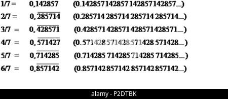 . Inglese: questa contiene tutte le frazioni del primo numero 7 da 1/7th a 6/7th che non erano noti aventi stesse cifre, 1 4 2 8 5 7, e periodica. Essi sono stati chiamati in modo diverso e non erano noti sono le frazioni di 7. 15 settembre 2013, 12:48:09. KAMAL2 62 7 Il primo numero di periodici Foto Stock