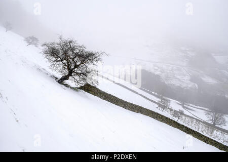 Paesaggio invernale. La caduta della neve sulle colline del Peak District campagna. Snowy scena a Banca Broadlee Tor, vale di Edale, Derbyshire, England, Regno Unito Foto Stock