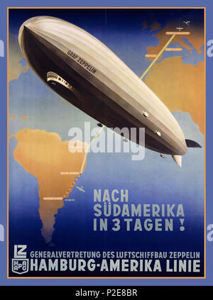 1930 Vintage poster di viaggio Graf Zeppelin Hamburg-Amerika-Line Ottomar Anton Erasmus Berlino Druck 1932 America del Sud in 3 giorni da dirigibile Foto Stock