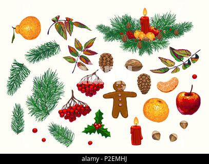 Set di disegnati a mano decorazioni di Natale. Gli attributi di festa per le illustrazioni. Icone vettoriali Illustrazione Vettoriale