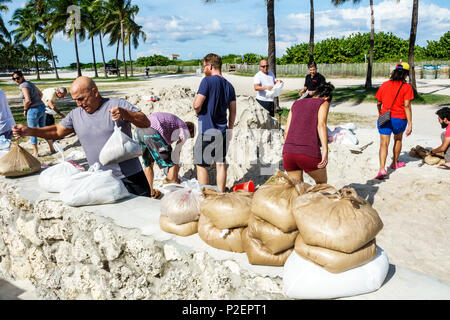 Florida,FL Sud,Miami Beach,sacchi di sabbia liberi,uragano Irma,preparazione,controllo alluvione,volontariato volontariato servizio comunità volontariato lavoratore di lavoro wo Foto Stock