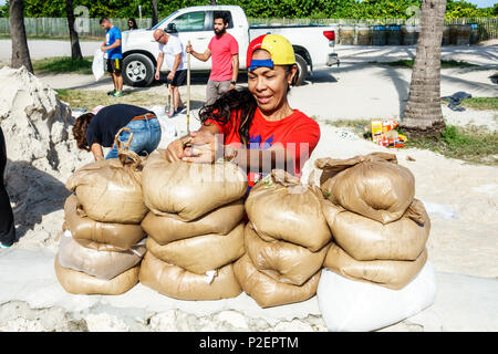 Miami Beach Florida, sacchi di sabbia gratuiti, uragano Irma, preparazione, controllo delle alluvioni, volontari volontari volontari lavoratori del lavoro di volontariato, lavoro di squadra di lavoro toge Foto Stock