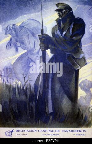 Cartello editado por la Delegación General de Carabineros. Obra de Paco de Ribera. Año 1937. Zona Republicana. Guerra civile 1936-1939. Foto Stock
