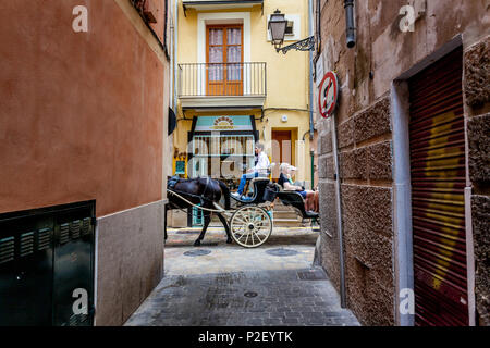 Carrozza trainata da cavalli nella città vecchia di Palma, Palma de Mallorca; isole Baleari; Spagna; l'Europa" Foto Stock