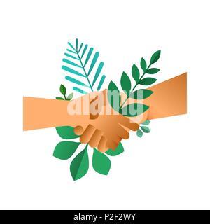 Handshake con foglie verdi su sfondo isolato. Affare concetto illustrazione o terra aiutare accordo. EPS10 vettore. Illustrazione Vettoriale