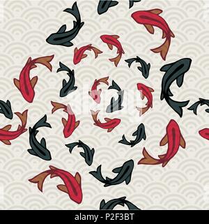 Uno spettacolare pesce Koi seamless pattern, tradizionali asiatici stile arte della carpa goldfish nuotare nel laghetto. Disegnata a mano lo sfondo dell'illustrazione. EPS10 vettore. Illustrazione Vettoriale